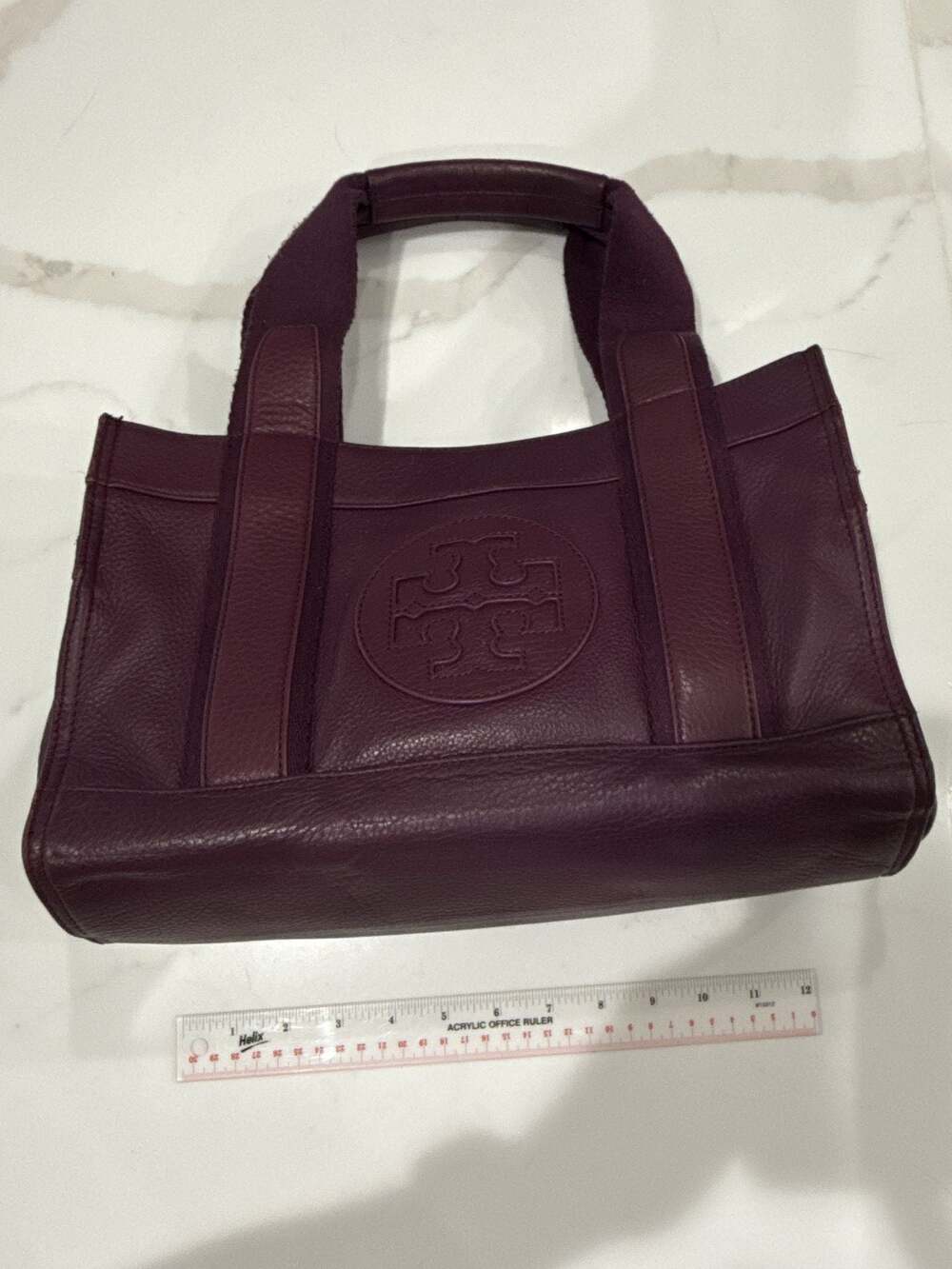 Tory Burch Purple Pebbled Leather Tote Bag with Logo Embossed Front